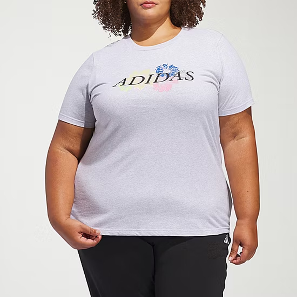 NEW Adidas Women's 2x Gray Floral Logo Graphic Tee Short Sleeve Shirt - Picture 1 of 6